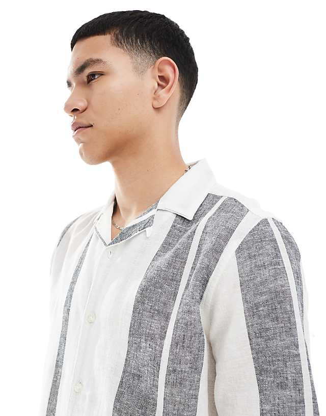ONLY & SONS Revere Collar Linen Mix Shirt In Navy Stripe