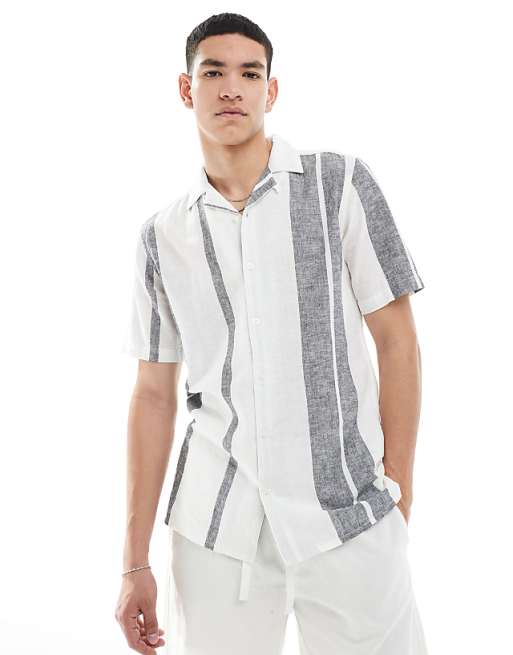 ONLY & SONS revere collar linen mix shirt in navy stripe