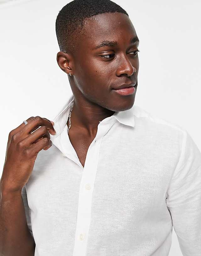 ONLY & SONS Short Sleeve Slim Fit Shirt In Linen Mix In White