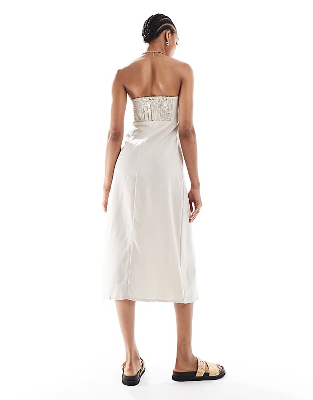 ONLY Tall Linen Mix Bandeau Midi Dress In Stone