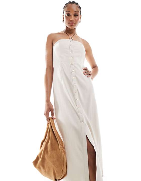 ONLY Tall Linen Mix Bandeau Midi Dress In Stone