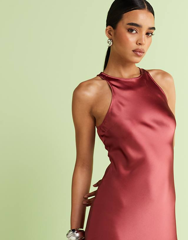 & Other Stories Bias Cut Satin Midi Dress In Pomegranate Pink