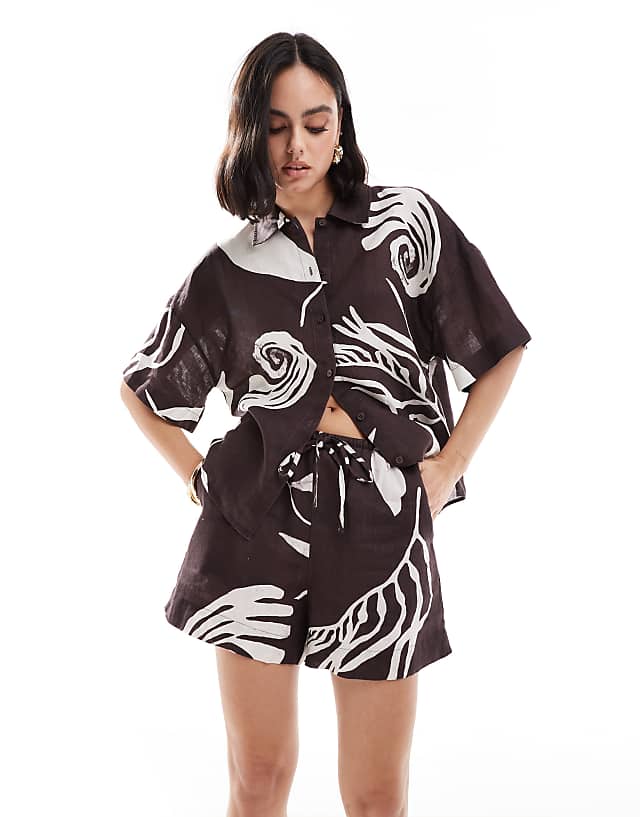 & Other Stories co-ord linen shorts with drawstring waist in bold abstract leaf print