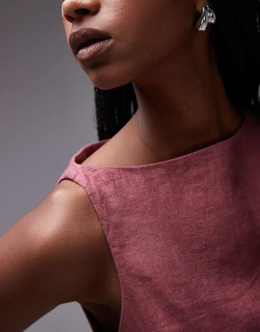 & Other Stories Linen Mini Dress With Boat Neck In Burgundy Pink