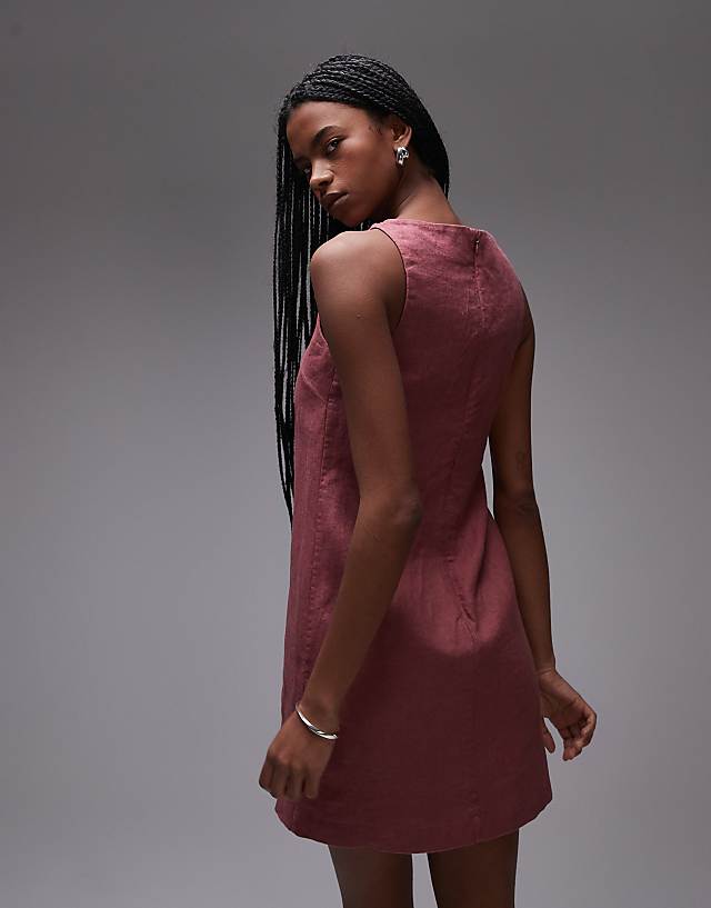 & Other Stories Linen Mini Dress With Boat Neck In Burgundy Pink