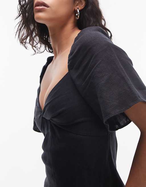 & Other Stories Linen Puff Sleeve Midaxi Dress With Twist Sweetheart Neckline In Black
