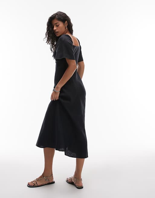 & Other Stories Linen Puff Sleeve Midaxi Dress With Twist Sweetheart Neckline In Black