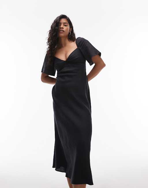 & Other Stories Linen Puff Sleeve Midaxi Dress With Twist Sweetheart Neckline In Black