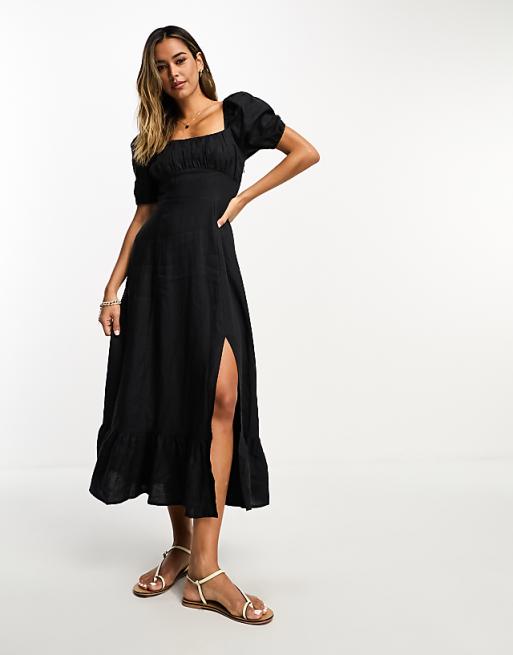 & Other Stories Linen Puff Sleeve Midaxi Dress With Split In Black