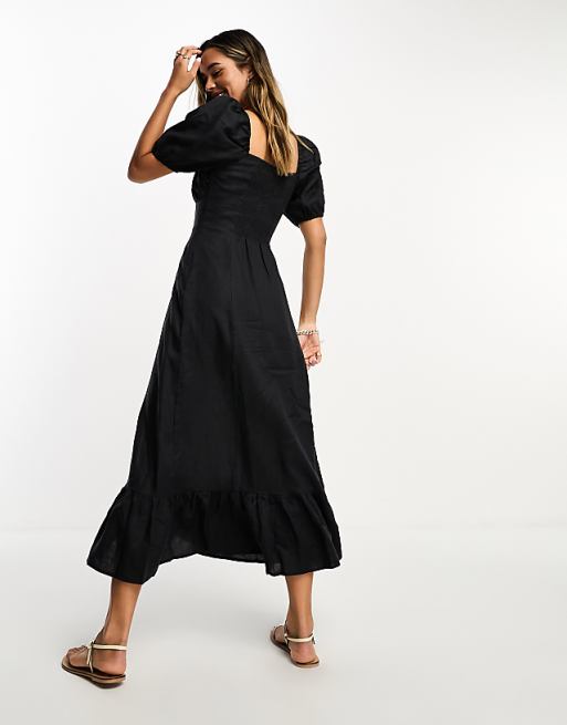 & Other Stories Linen Puff Sleeve Midaxi Dress With Split In Black