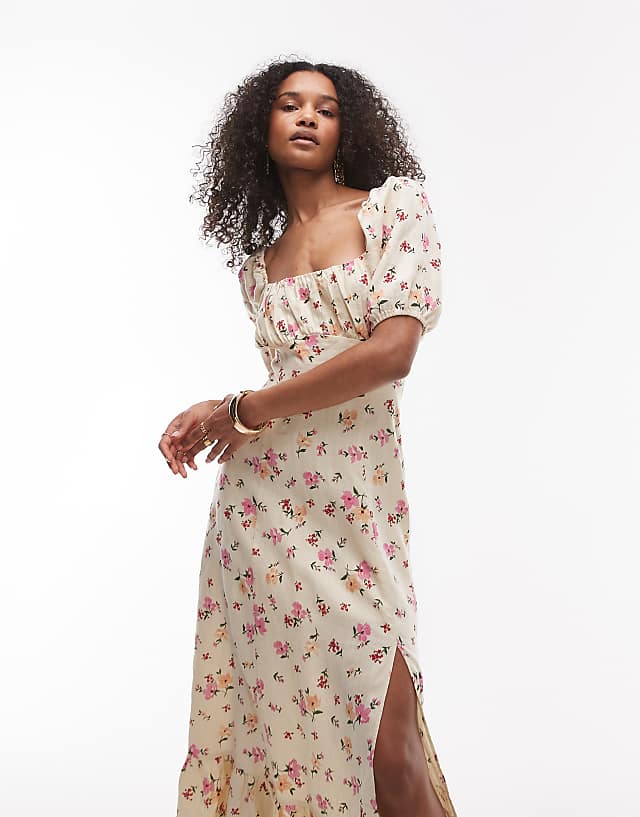 & Other Stories Linen Puff Sleeve Midaxi Dress With Split In Floral Print
