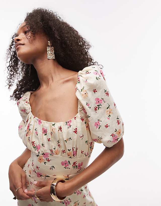 & Other Stories Linen Puff Sleeve Midaxi Dress With Split In Floral Print