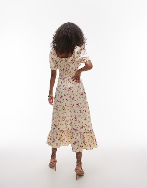 & Other Stories Linen Puff Sleeve Midaxi Dress With Split In Floral Print