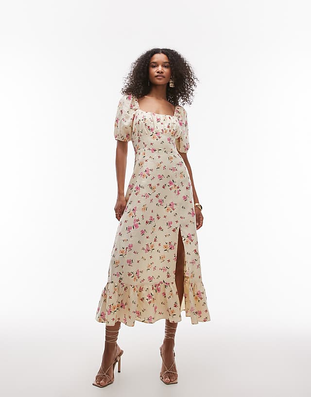 & Other Stories linen puff sleeve midaxi dress with split in floral print