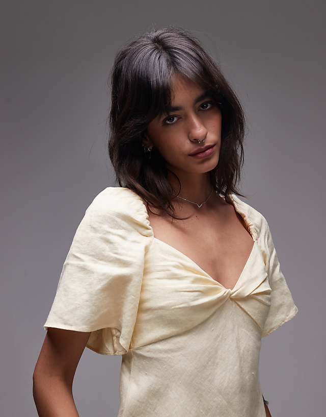 & Other Stories Linen Puff Sleeve Midaxi Dress With Twist Sweetheart Neckline In Butter Yellow