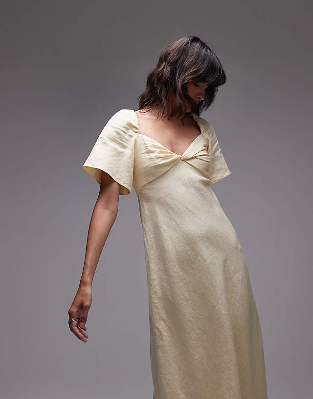 & Other Stories Linen Puff Sleeve Midaxi Dress With Twist Sweetheart Neckline In Butter Yellow