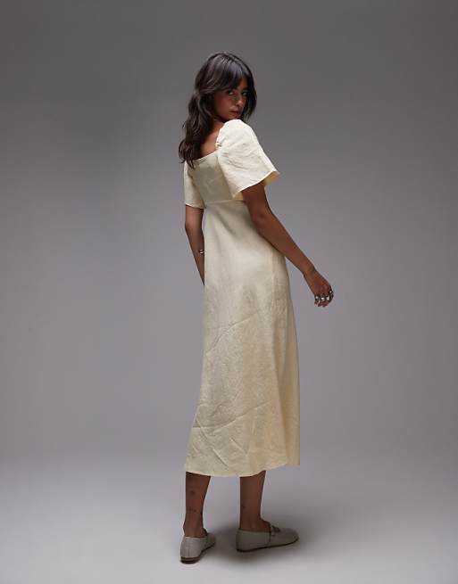 & Other Stories Linen Puff Sleeve Midaxi Dress With Twist Sweetheart Neckline In Butter Yellow