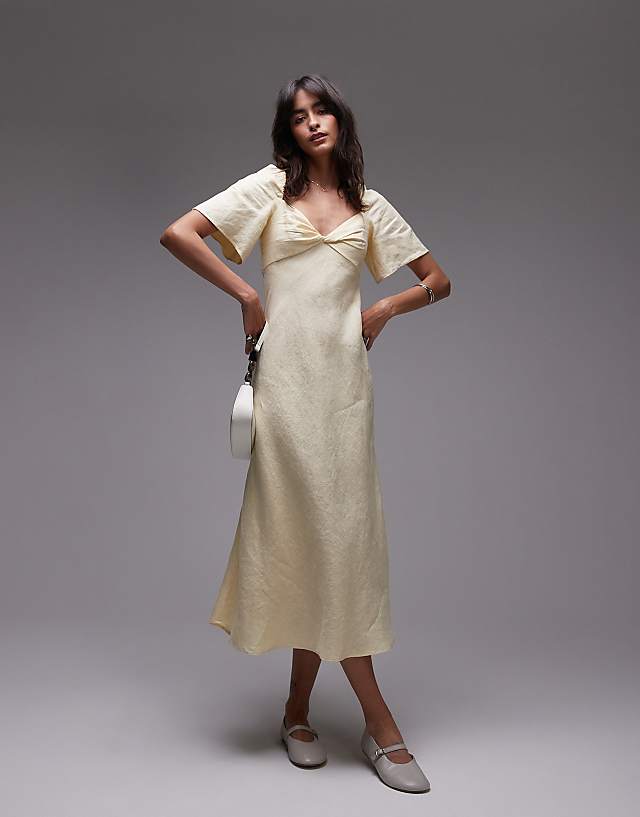 & Other Stories linen puff sleeve midaxi dress with twist sweetheart neckline in butter yellow