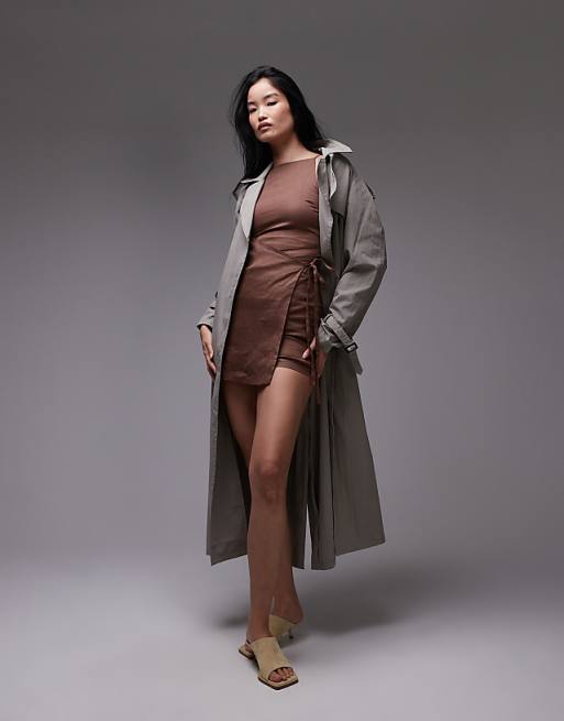 & Other Stories Linen Square Neck Mini Dress With Wrap Front In Brown