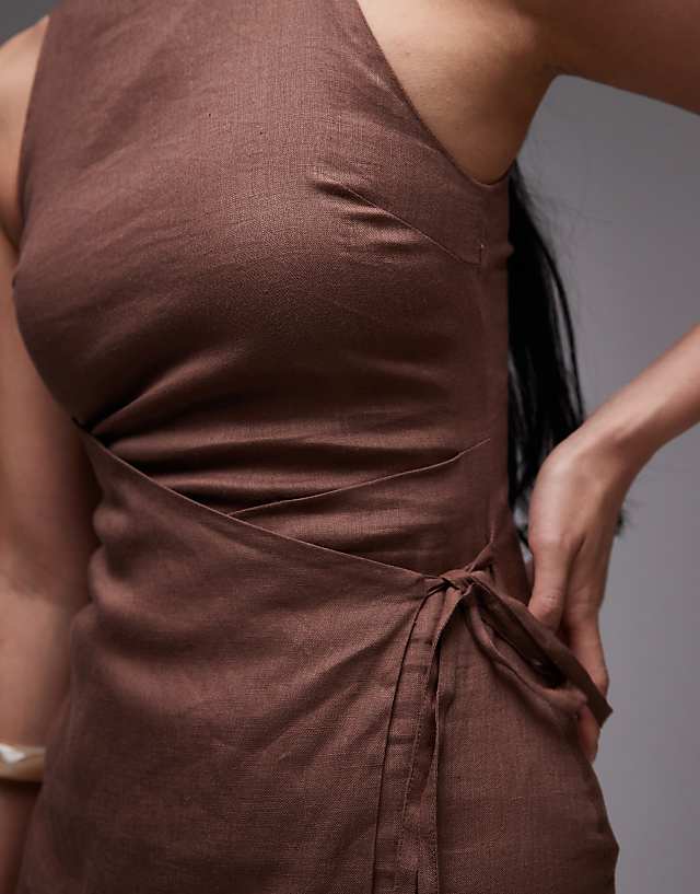 & Other Stories Linen Square Neck Mini Dress With Wrap Front In Brown
