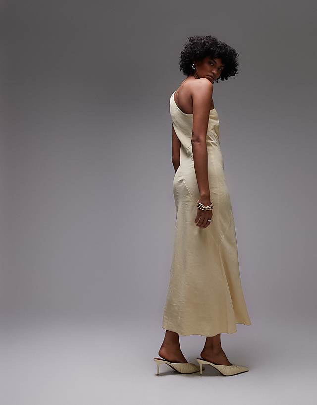 & Other Stories One Shoulder Linen Midi Dress With Twisted Strap Detail In Butter Yellow