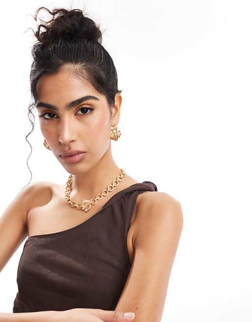 & Other Stories One Shoulder Linen Midi Dress With Twisted Strap Detail In Dark Brown