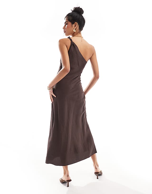 & Other Stories One Shoulder Linen Midi Dress With Twisted Strap Detail In Dark Brown