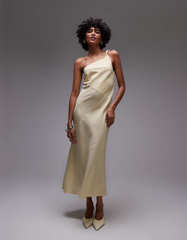 & Other Stories One Shoulder Linen Midi Dress With Twisted Strap Detail In Butter Yellow