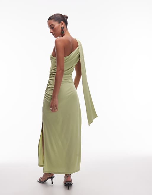 & Other Stories One Shoulder Midi Dress With Drape Detail In Green