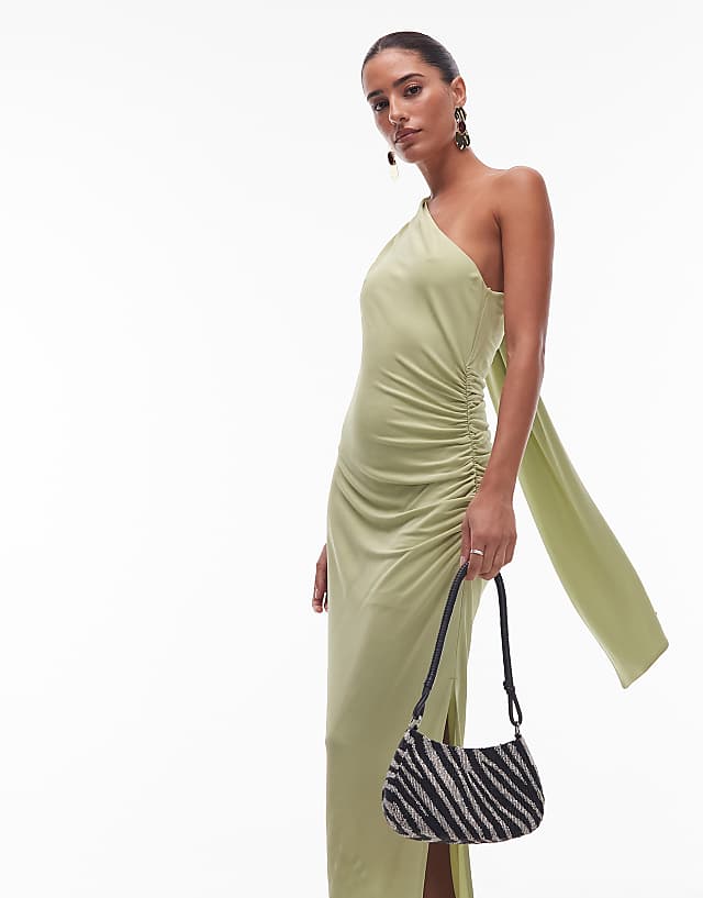 & Other Stories One Shoulder Midi Dress With Drape Detail In Green