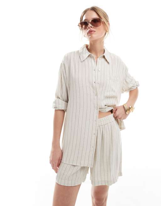 Pieces Linen Touch Shirt And Shorts Set In Birch Cream And Black Stripe