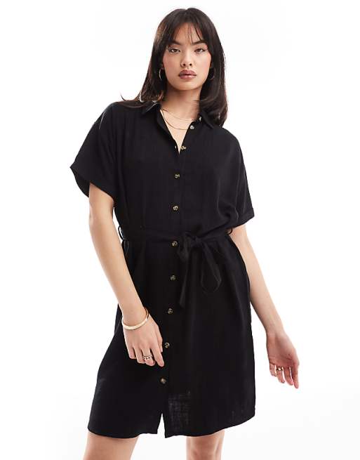 Pieces Tie Waist Linen Mini Shirt Dress In Black