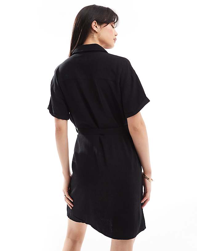 Pieces Tie Waist Linen Mini Shirt Dress In Black