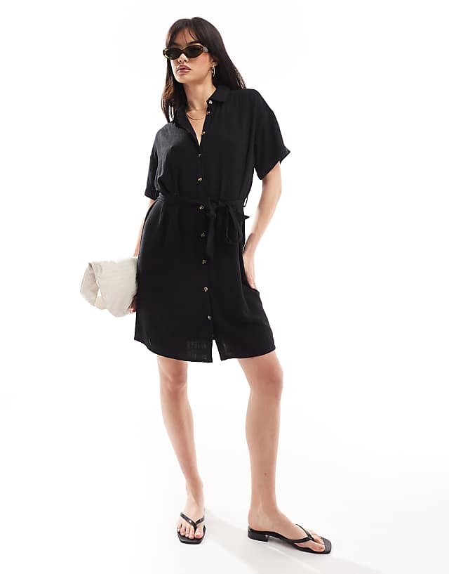 Pieces Tie Waist Linen Mini Shirt Dress In Black
