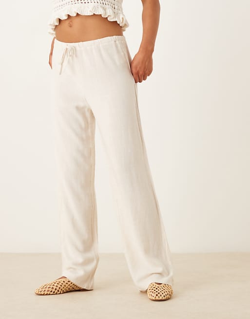 Pimkie Linen Blend Drawstring Tie Waist Wide Leg Trousers In Ecru
