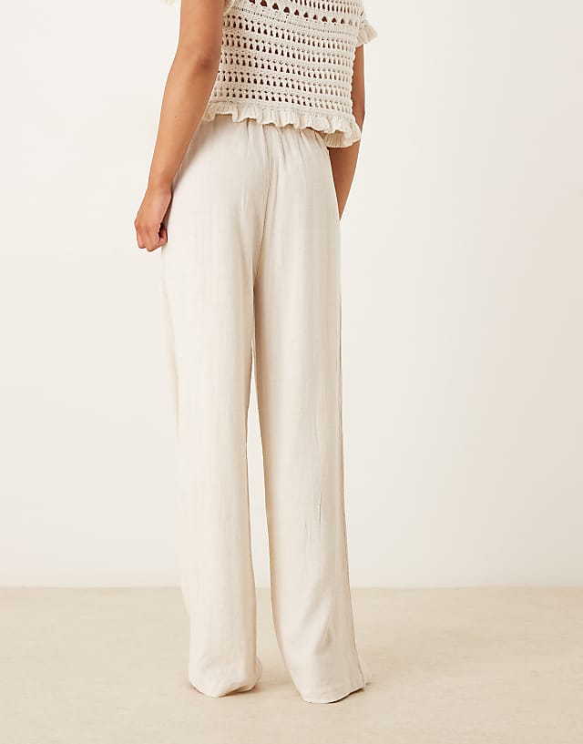 Pimkie Linen Blend Drawstring Tie Waist Wide Leg Trousers In Ecru