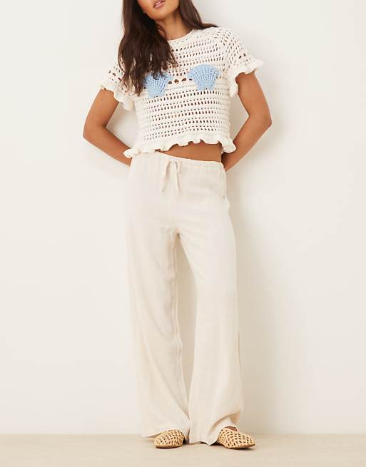 Pimkie linen blend drawstring tie waist wide leg trousers in ecru