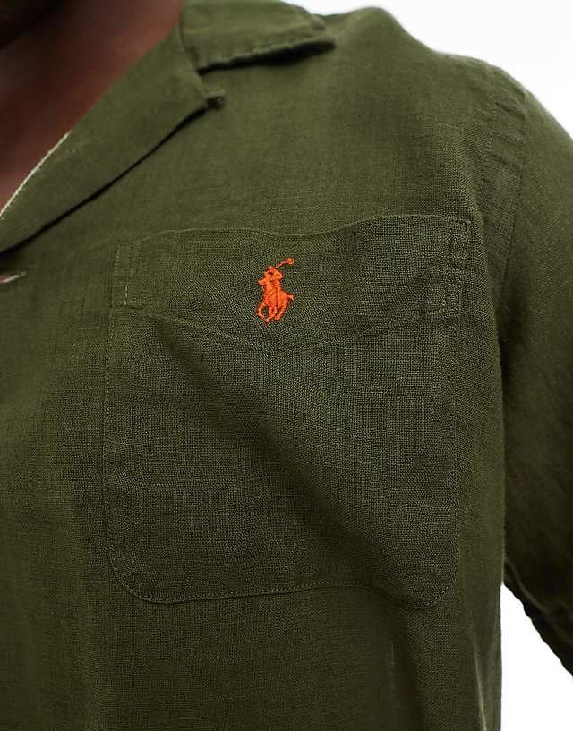 Polo Ralph Lauren Icon Logo Short Sleeve Revere Collar Linen Shirt Classic Oversized Fit In Olive Green
