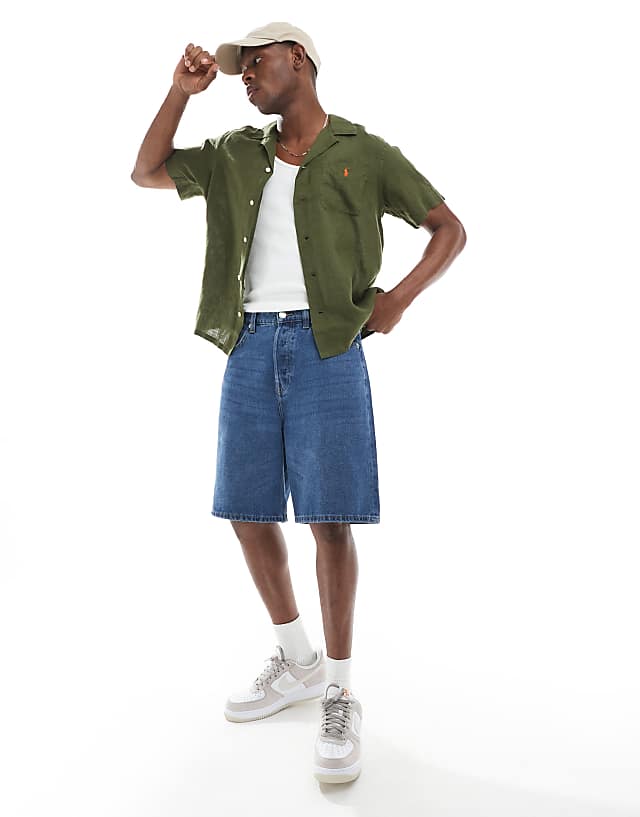 Polo Ralph Lauren Icon Logo Short Sleeve Revere Collar Linen Shirt Classic Oversized Fit In Olive Green