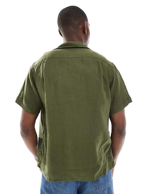 Polo Ralph Lauren Icon Logo Short Sleeve Revere Collar Linen Shirt Classic Oversized Fit In Olive Green