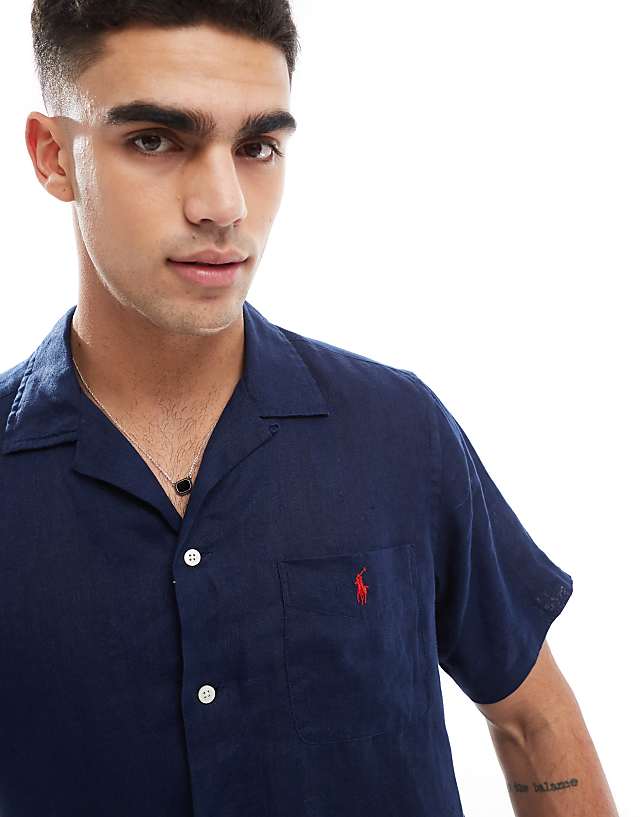 Polo Ralph Lauren Icon Logo Short Sleeve Revere Collar Linen Shirt Classic Oversized Fit In Navy CO-ORD
