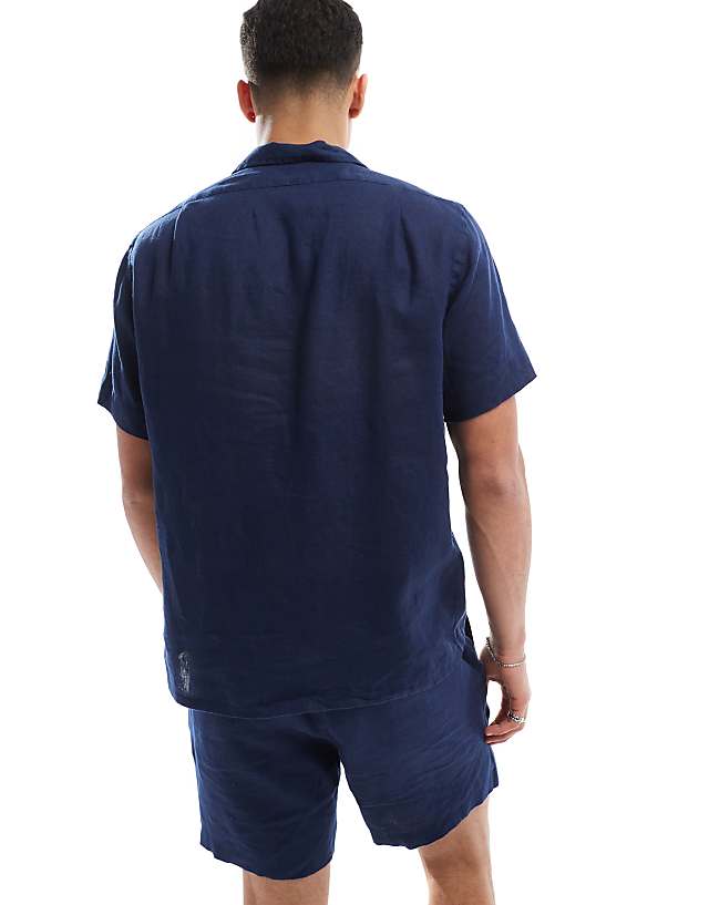 Polo Ralph Lauren Icon Logo Short Sleeve Revere Collar Linen Shirt Classic Oversized Fit In Navy CO-ORD