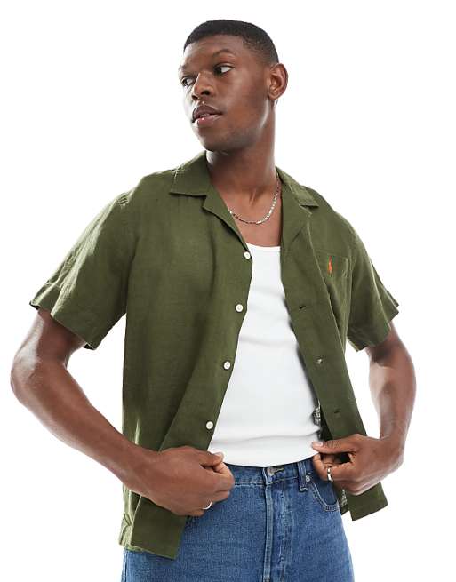 Polo Ralph Lauren Icon Logo Short Sleeve Revere Collar Linen Shirt Classic Oversized Fit In Olive Green