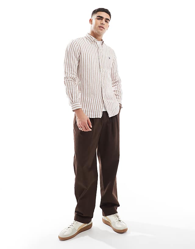 Polo Ralph Lauren Icon Logo Stripe Linen Shirt Custom Fit In Beige/white