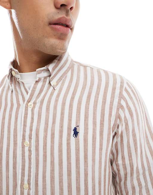 Polo Ralph Lauren Icon Logo Stripe Linen Shirt Custom Fit In Beige/white