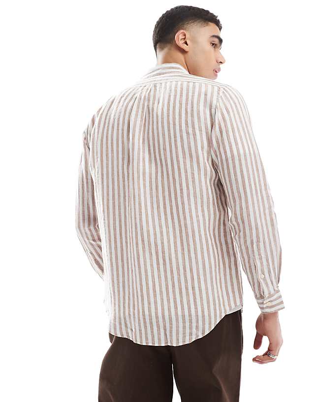 Polo Ralph Lauren Icon Logo Stripe Linen Shirt Custom Fit In Beige/white