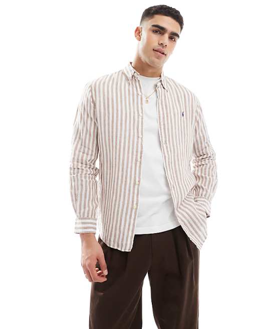 Polo Ralph Lauren icon logo stripe linen shirt custom fit in beige/white