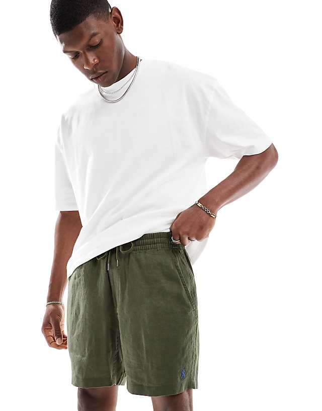 Polo Ralph Lauren Prepsters Icon Logo Linen Shorts In Olive Green