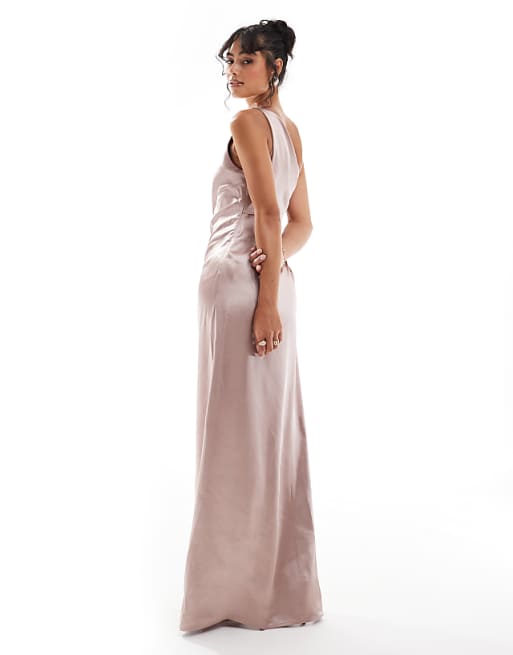 Pretty Lavish Bridesmaid Amelia One Shoulder Ruched Satin Maxi Dress In Amethyst