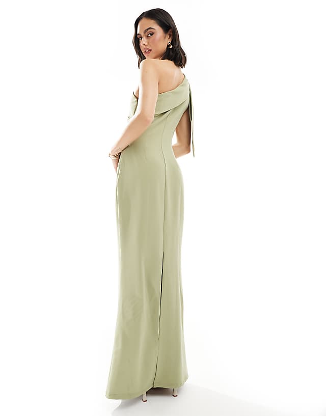 Pretty Lavish Bridesmaid Crepe One Shoulder Bow Maxi Dress In Olive